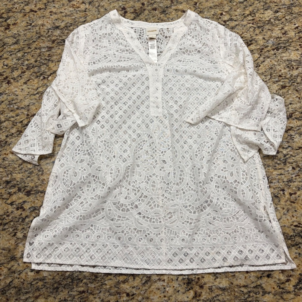 Chicos White Lace Tunic Top Split V-Neck 3/4 Sleeve Size 1 Medium Boho ws